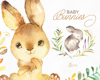 Baby Bunnies. Watercolor little animals and floral clipart, wreath, rabbit, frames, forest, cute, nice, country, nursery art, nature, png