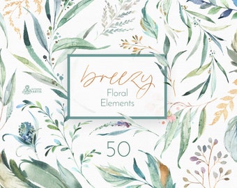 Breezy 50 Floral Elements. Watercolor clipart, eucalyptus, fern, leaf, greenery, green, wild, wedding, bridal, branch, forest, trendy, gold