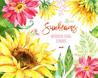 Sunbeams Elements. Watercolor floral clipart, sunflowers, gerbera, wedding, greeting card, diy, country, separate flowers, leaves, summer