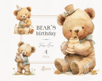 Bear’s Birthday - Vintage. Animal clipart, woodland, birthday's cake, flowers, cub, cute teddy png, watercolor baby bear, invite clip art