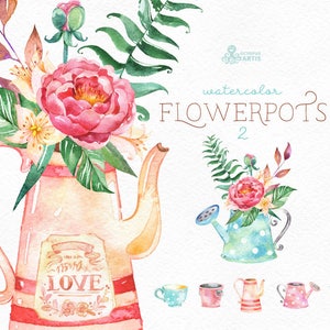 Flowerpots 2. Watercolor clipart, flower basket, pot, wicker, wood box, jar, jug, flowers, bouquets, floral, wedding, peony, pink, blue, diy