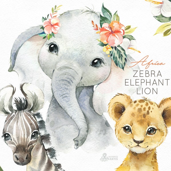 Africa Zebra Elephant Lion Watercolor little animals clipart, babies portrait cub flowers, kids cute, nursery art, baby-shower octopusartis