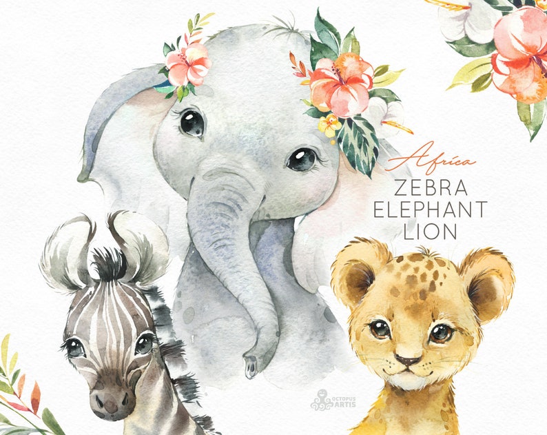 Africa Zebra Elephant Lion Watercolor little animals clipart, babies portrait cub flowers, kids cute, nursery art, baby-shower octopusartis 