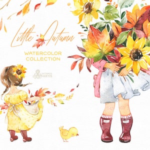Little Autumn 2. Watercolor clipart, cute girl, Fall, flowers, outdoor, walk, bouquet, kids, nursery, sunflower, leaves, leaf, wind, bright