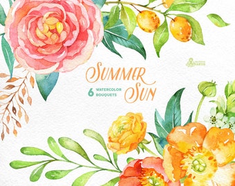 Summer Sun: 6 Watercolor Bouquets, popies, ranunculus, peonies, floral wedding invitation, greeting card, diy clip art, flowers, fruits, sun