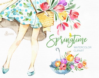 Springtime. Watercolor floral clipart, girls, tulips, frame, bicycle, umbrella, boots, spring, template, wedding, flourish, bright, bouqets