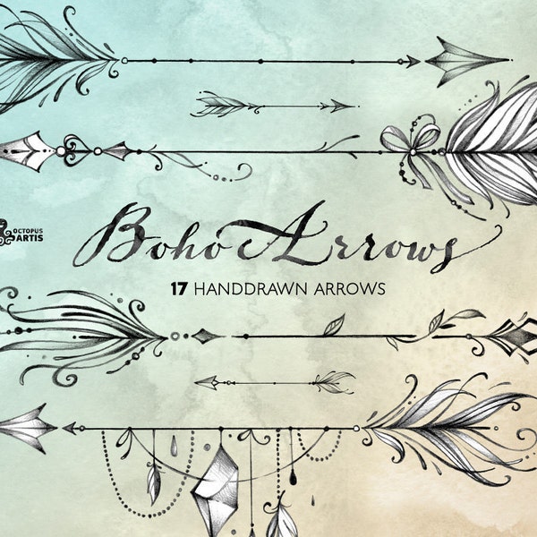 Boho Arrows. 17 hand drawn Clipart. Tribal, native diy elements, logo, invitation, pencil, transparent, digital png, style, tattoo, romantic