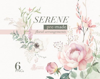 Serene. Watercolor Wildflowers Pre-made Arrangements, floral clipart, meadow, delicate, png botanical, dusty, wedding, tiny, foliage, bridal