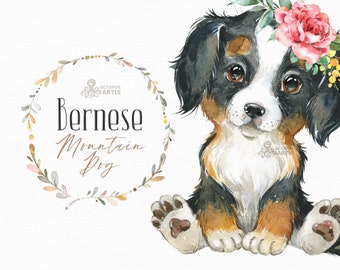 Bernese Mountain Dog. Watercolor little animal clipart, portrait, puppy, doggie, baby, flowers, nursery, wreath, bowtie, pup, floral crown