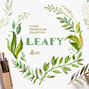 Leafy. Watercolor floral wreaths, branches, leaves, frames, wedding invitation, greeting card, diy clip art, green leaf image 1