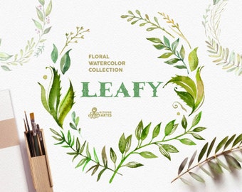 Leafy. Watercolor floral wreaths, branches, leaves, frames, wedding invitation, greeting card, diy clip art, green leaf