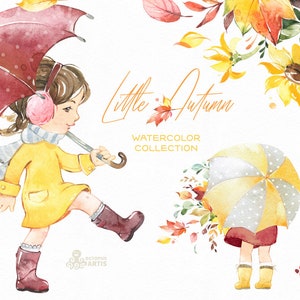 Little Autumn. Watercolor clipart, cute girl, Fall, flowers, outdoor, walk, umbrella, kids, nursery, sunflower, leaves, leaf, rain, bright