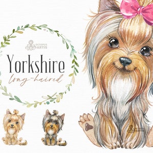 Yorkshire Terrier long-haired. Watercolor little pet clipart, yorkie, portrait, puppy, doggie, baby, flowers, kids, nursery, dog, wreath