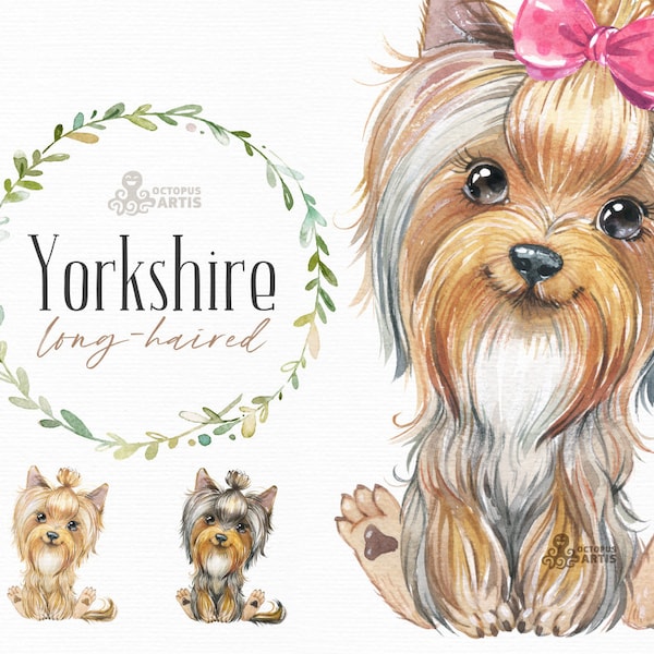 Yorkshire Terrier à poil long. Aquarelle petit clipart d’animal, yorkie, portrait, chiot, toutou, bébé, fleurs, enfants, crèche, chien, couronne