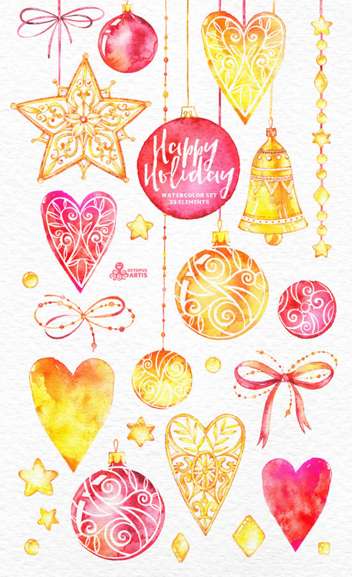 Happy Holiday. 33 Watercolor Elements hand painted clipart | Etsy