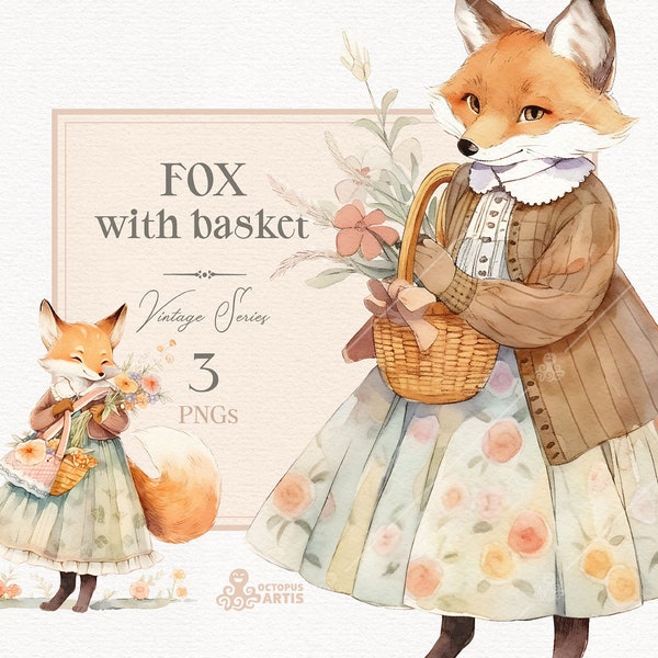 Fox With Basket - Vintage. Animal clipart, woodland, birthday, bouquet, vixen, dress, watercolor, flowers, fairytale, nursery, png, country