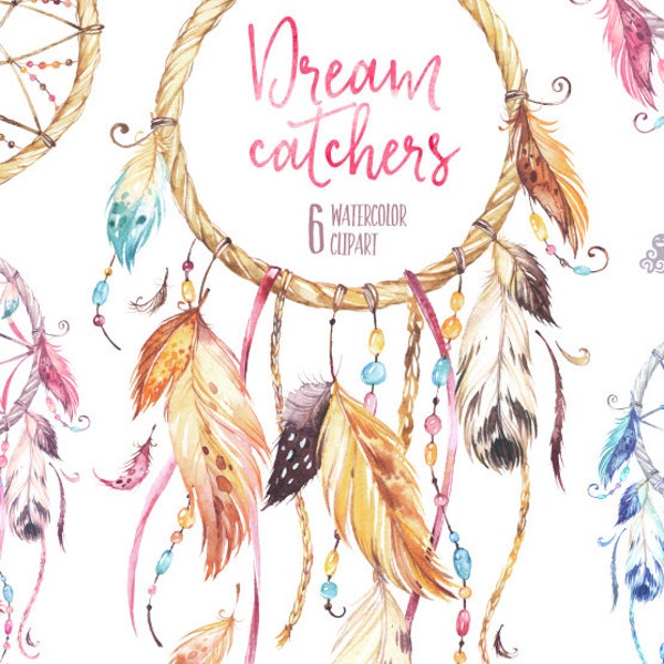 Dreamcatchers. Watercolor Clipart. Tribal, feathers, diy, logo, invitation, catcher, pink, blue, boho style, native america, wild, beads