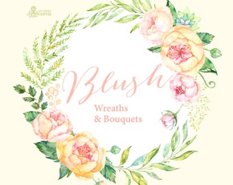 Blush. 12 Watercolor Wreaths & Bouquets, peach, cream, pink, flowers clipart, peony, wedding invitation, greeting, diy, floral, spring, kit