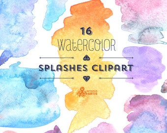 Watercolor Splashes Clipart: 16 Digital files. Hand painted, brush strokes, splodge, pools, spots, abstract watercolour, background clip art