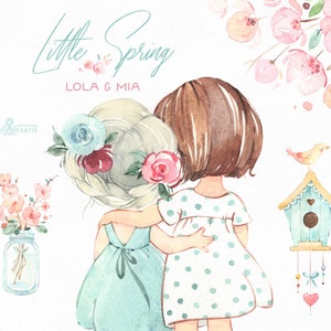 Little Spring. Lola & Mia. Watercolor clipart, girls, bestie, bird house, kids flowers pink, delicate, baby shower, bouquet, cherry, sakura