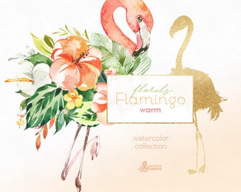 Florals Flamingo Warm. Watercolor summer floral clipart, wreaths, pink, gold, flowers, leaf, tropical, party, tropical, wedding, hibiscus