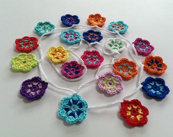 Crochet Garland Pattern with Flowers, Wallhanging, Bunting, Home Decor, Nursery Room, Keyring, Brooche, Hairclip