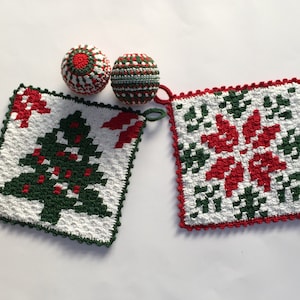 May include: Two crocheted pot holders, one with a green Christmas tree design and the other with a red snowflake design.  There are also two small crocheted ornaments, one red and white and the other green and white.