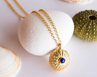 May include: Gold necklace with a sea urchin pendant featuring a blue gemstone. The pendant is on a white surface with a sea urchin shell in the background.