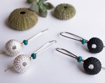 Sterling Silver or Oxidised Sterling Silver Sea Urchin  Earrings with Turquoise - Medium Size Sea Urchin Earrings