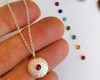 Sterling Silver Sea Urchin Pendant: Gemstone Necklace