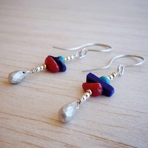 Faceted Teardrop Sterling Silver Earrings with Coral, Turquoise and Lapis Lazuli