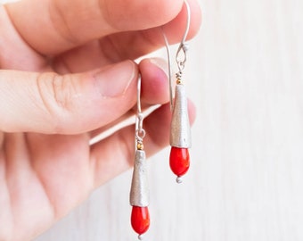 Sterling Silver Conical Coral Earrings - Handmade Organic Earrings with Coral