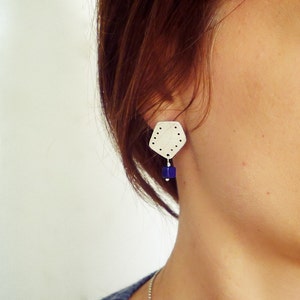 Sterling Silver Polygon Pair of Earrings with Lapis Lazuli Cube