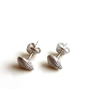 Op de afbeelding: Een paar zilveren oorbel studs in de vorm van schelpen. De oorbellen hebben een eenvoudig ontwerp en zijn een klassieke stijl.