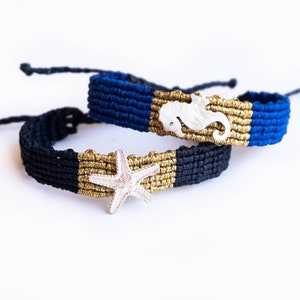 Sterling Silver Macrame Starfish or Hippocampus Bracelet - Adjustable Handmade Summer Bracelet