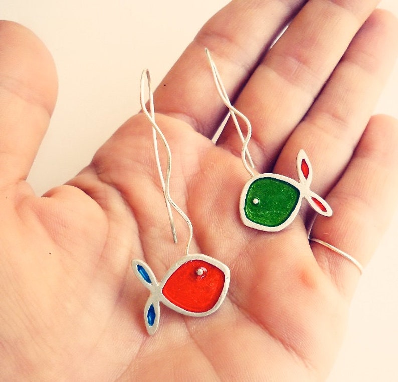 Sterling Silver Asymmetrical Earrings Multicolour Fish Earrings
