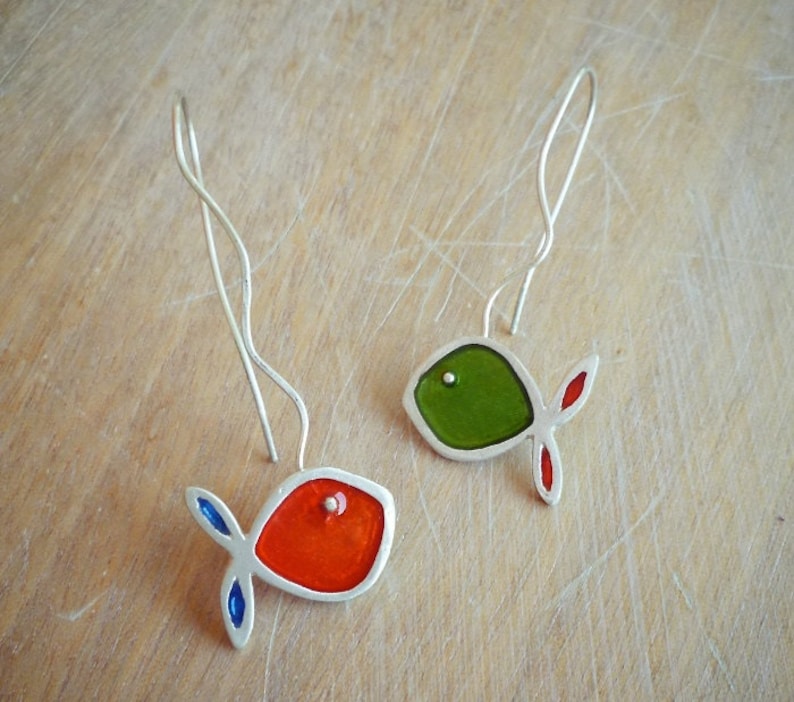 Sterling Silver Asymmetrical Earrings Multicolour Fish Earrings
