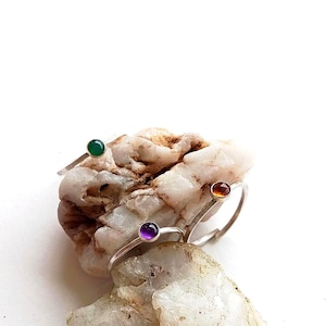 Stackable Gemstone Rings – Sterling Silver Adjustable Rings with Citrine, Amethyst & Green Onyx