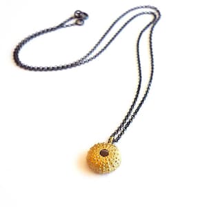 Gold Plated Sea Urchin Pendant: Sterling Silver Necklace, Black Rhodium Chain