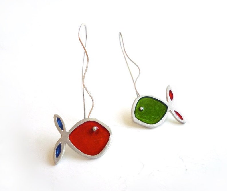 Sterling Silver Asymmetrical Earrings Multicolour Fish Earrings
