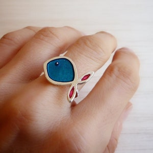 Multicolour Sterling Silver Fish Ring - Adjustable Fish Ring
