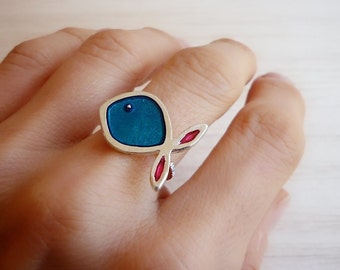 Multicolor Sterling Silver Fish Ring - Adjustable Size