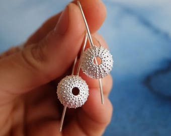 Sterling Silver Sea Urchin Earrings - Dangle Earrings with Medium Size Sea Urchin Shells