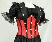 Red & Black Steampunk Pirate Wench Corset Bodice Waist Cincher, Under Bust Waspie, Sexy Burlesque Neo Victorian Corset, LARP, Ren Faire