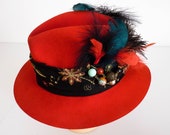 Ladies Red Hat, 1920's Hat, Wide Brim Fedora Sun Hat, Cosplay, Steampunk Hat, Wedding Smart Fancy Hat,Stingy Brim Hat,Decorated Hat Feathers