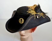 Unisex Black Pirate Tricorn Hat, Jack Sparrow Fantasy Captain Hook Hat, Steampunk Gothic Town Crier Hat, Pirate Wench Hat, LARP, Ren Faire