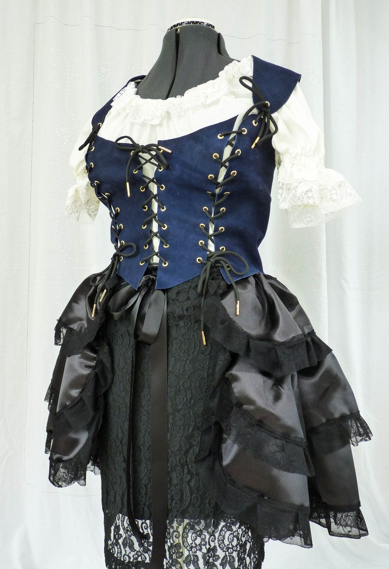 Steampunk Pirate Wench Corset Waist Cincher Blue Suede Bodice Recycled Upcycled,LARP Ren Faire,Sexy Burlesque Victorian