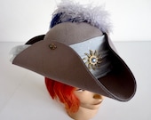 Grey Unisex Pirate Tricorn Hat, Jack Sparrow Fantasy Captain Hook Hat, Steampunk Gothic Town Crier Hat, Pirate Wench Hat, LARP, Ren Faire