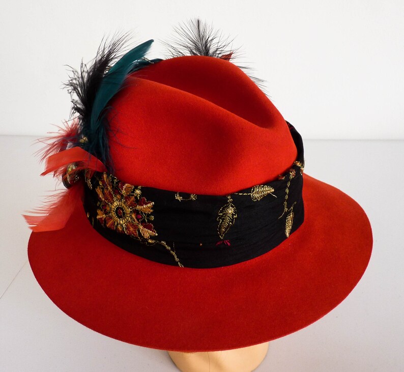 Wide Brim Fedora Sun Hat Ladies Red Hat 1920/'s Hat Steampunk Hat Wedding Smart Fancy Hat,Stingy Brim Hat,Decorated Hat Feathers Cosplay
