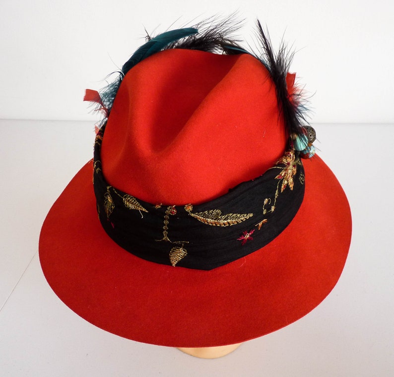 Wide Brim Fedora Sun Hat Ladies Red Hat 1920/'s Hat Steampunk Hat Wedding Smart Fancy Hat,Stingy Brim Hat,Decorated Hat Feathers Cosplay